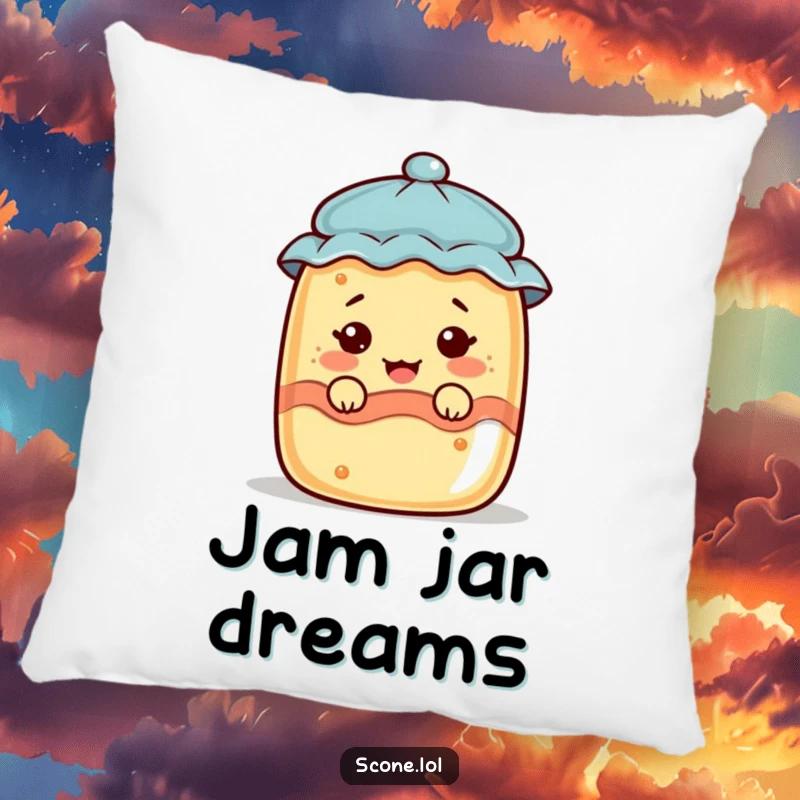 Funny scone character peeking from a jam jar, making a funny face, on a soft and decorative pillow.