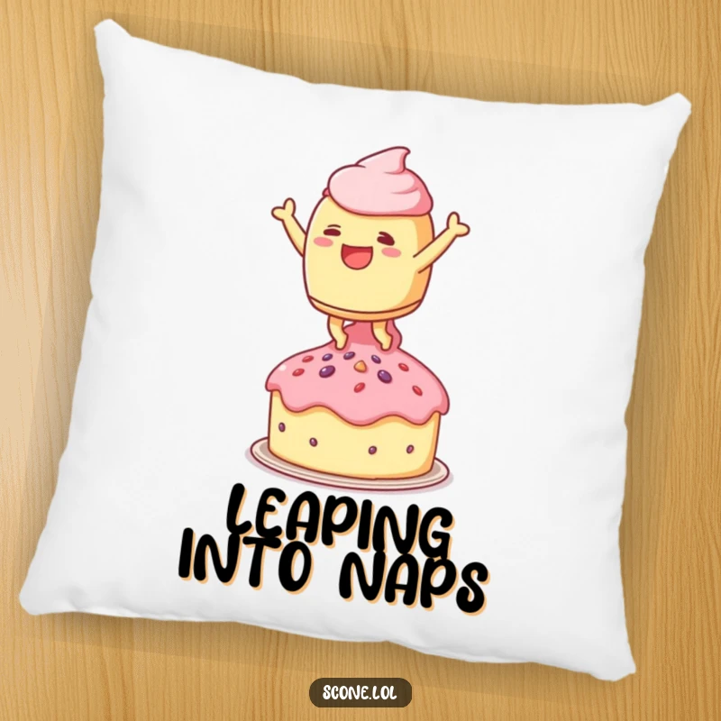 Funny pillow showcasing a scone character leaping joyfully onto a tiny teacake, offering soft comfort and sweet vibes.