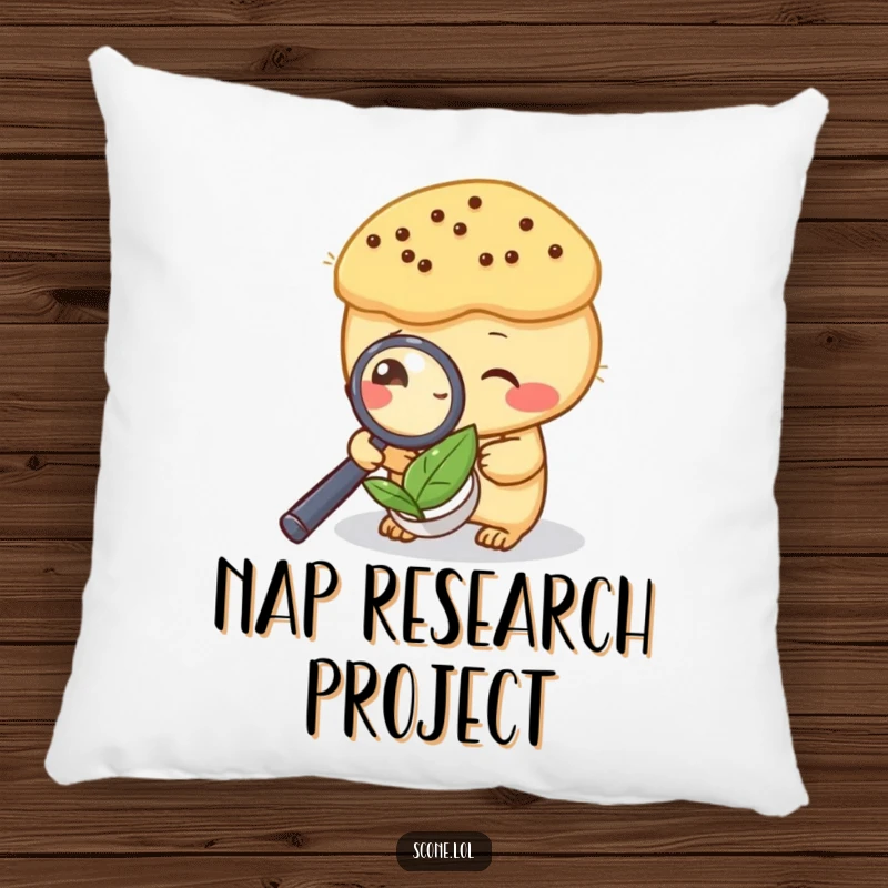 Funny pillow featuring a scone peering at a tea leaf with a magnifying glass, adding playful detective humor.