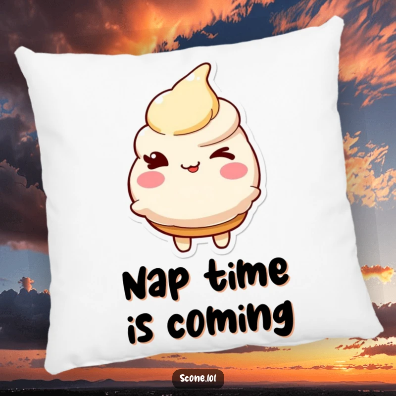 Funny pillow adorned with a delightful scone character giving a friendly, knowing wink, adding cozy charm.