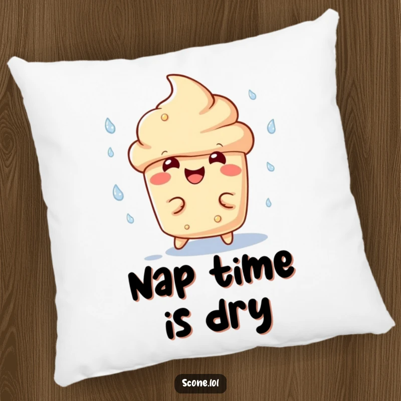 Funny scone character pillow, with a wide, delighted grin, playfully dodging falling raindrops, a symbol of unbothered happiness.