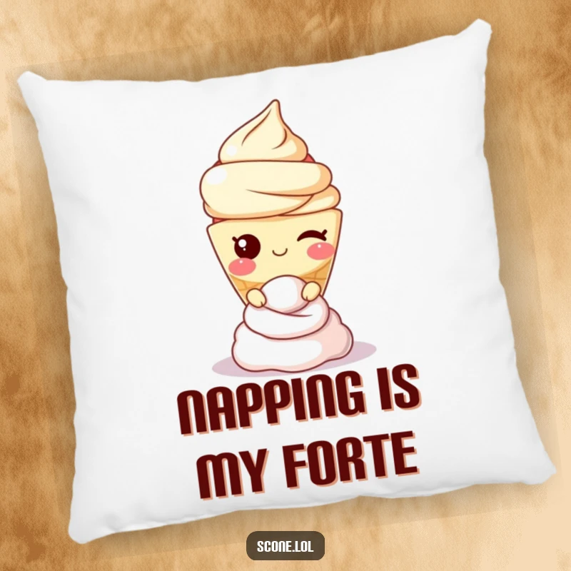 Soft funny scone character winking with cream balanced perfectly, a comfy and humorous decorative pillow.