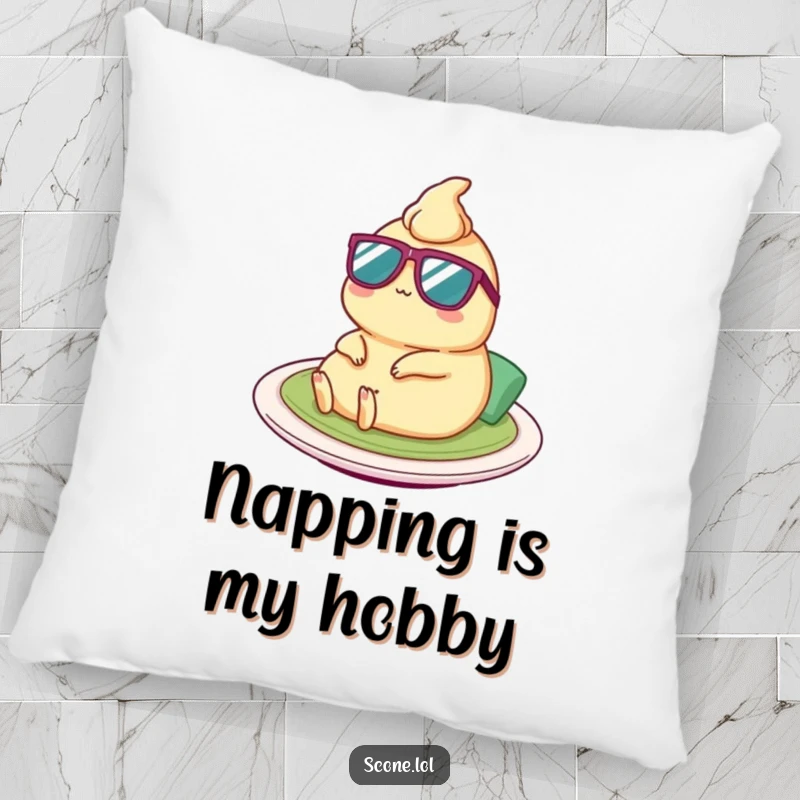 Funny Satay Pillow: A soft pillow showcasing a satay character wearing tiny sunglasses, lounging humorously on a plate.