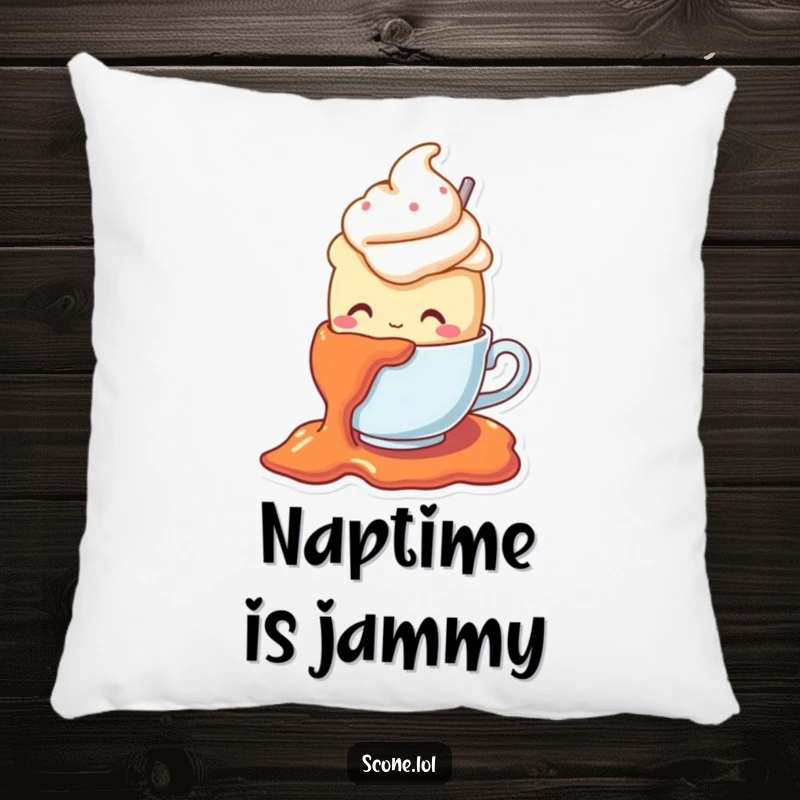 Funny pillow featuring a scone character in a teacup hat comically slipping on jam, providing comfort and a chuckle.