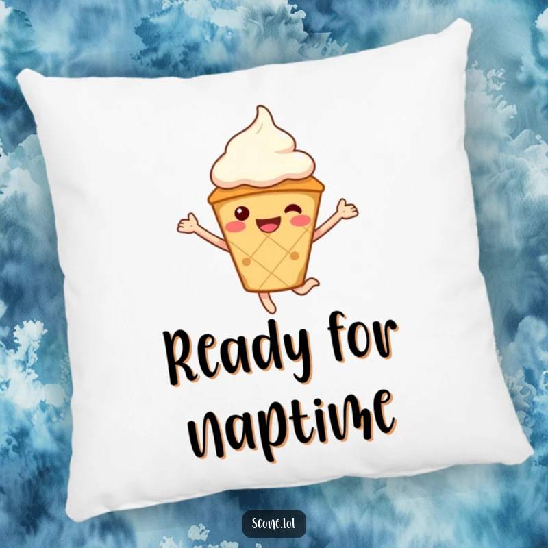 Funny Scone Character Pillow, wearing a cream hat, caught in a happy jump, soft and huggable humor.