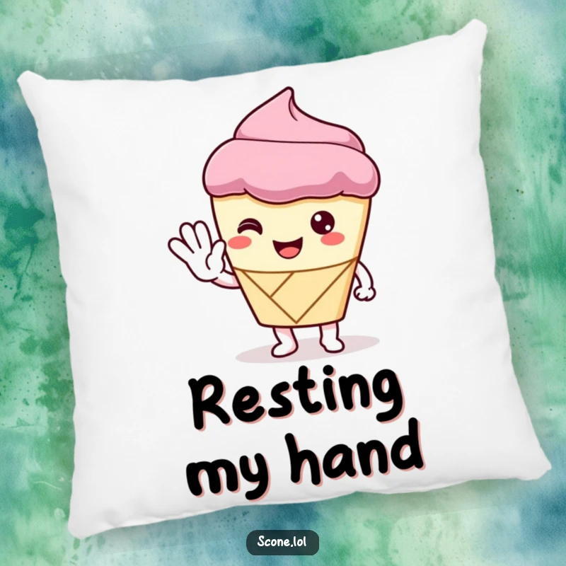 Funny Pillow featuring a scone character giving a polite wave, bringing a sense of cozy welcome and gentle baked greetings.
