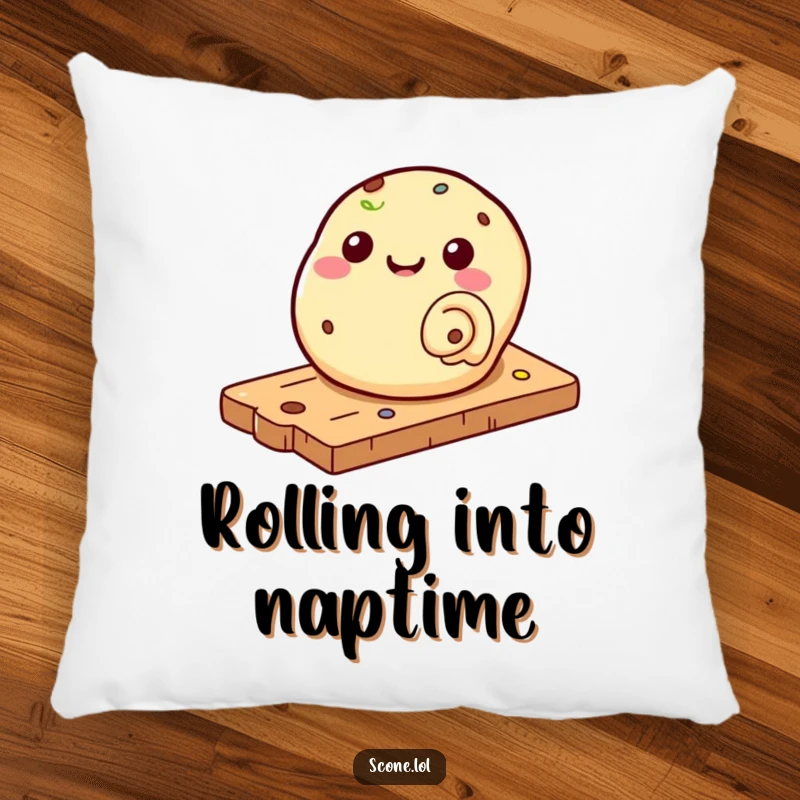 Funny pillow with a scone merrily rolling down a pastry board, adding a touch of playful baking humor to decor.