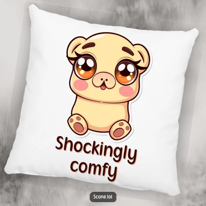 Funny Pillow with a scone character's wide, surprised eyes, bringing a sense of cozy shock and baked humor to any room.
