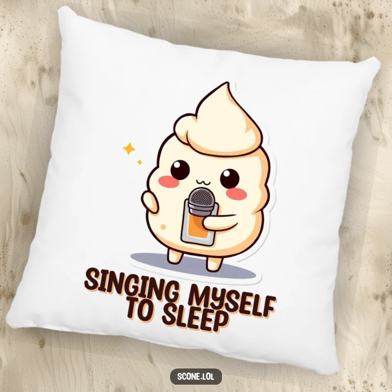 Funny pillow adorned with a scone character holding a teabag microphone, ready to serenade and provide comfort.