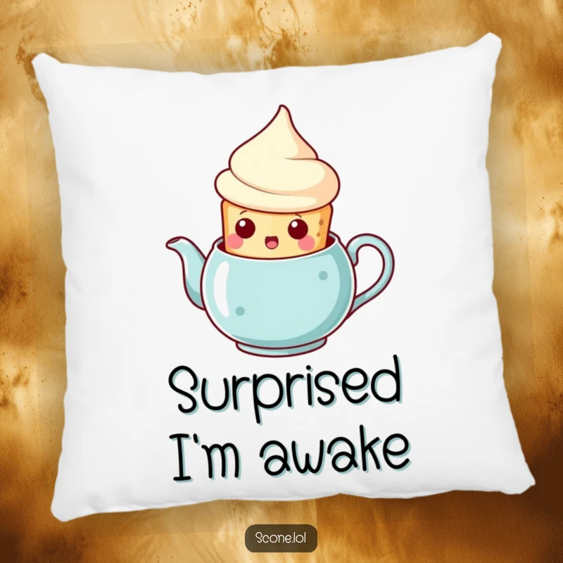 Funny scone teapot surprise pillow, a scone with a surprised expression emerging from a teapot, a soft and amusing decorative item.
