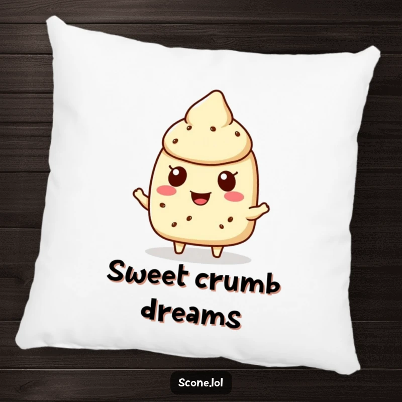 Funny scone character pillow featuring a cheerful scone offering a crumb, perfect for adding a touch of sweetness to any space.