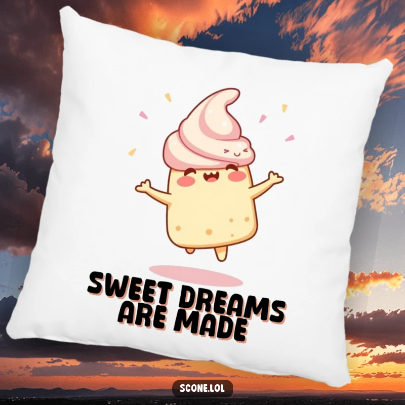 Funny Pillow featuring a scone character mid-celebratory spin, bringing a sense of joy and playful energy to any room.