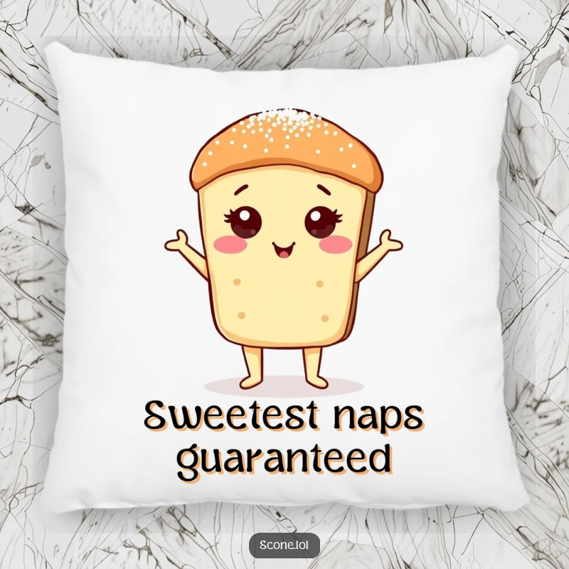 Funny Scone Sugar Dust Pose Pillow: A plush pillow with a proud, sugar-dusted scone, offering posh comfort and humor.