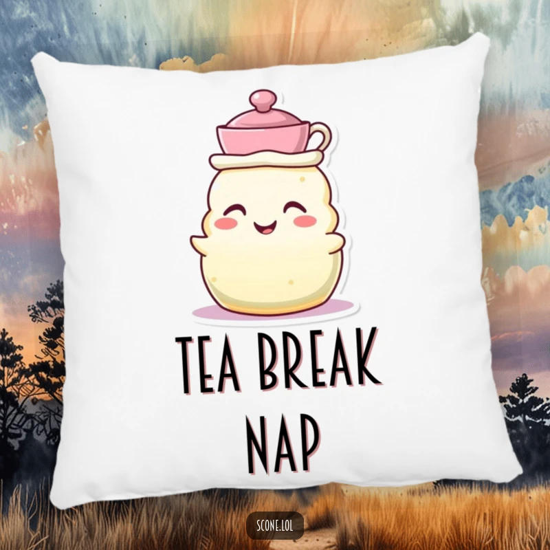 Funny pillow showcasing a scone character wearing a tiny teacup as a hat, grinning, offering soft comfort and tea time charm.