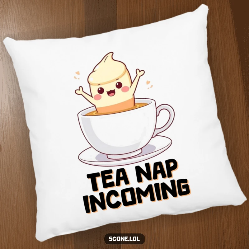 Funny scone character leaping into a steaming cup of tea, printed on a soft and decorative pillow.