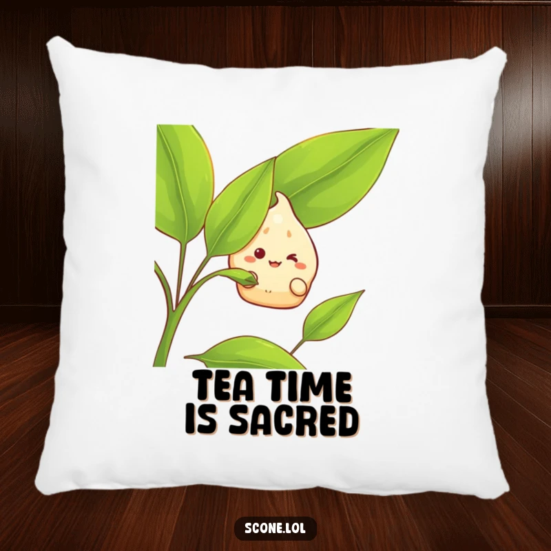 Funny Pillow featuring a scone character with a grin peeking from behind a tea leaf, adding a touch of playful humor to home decor.