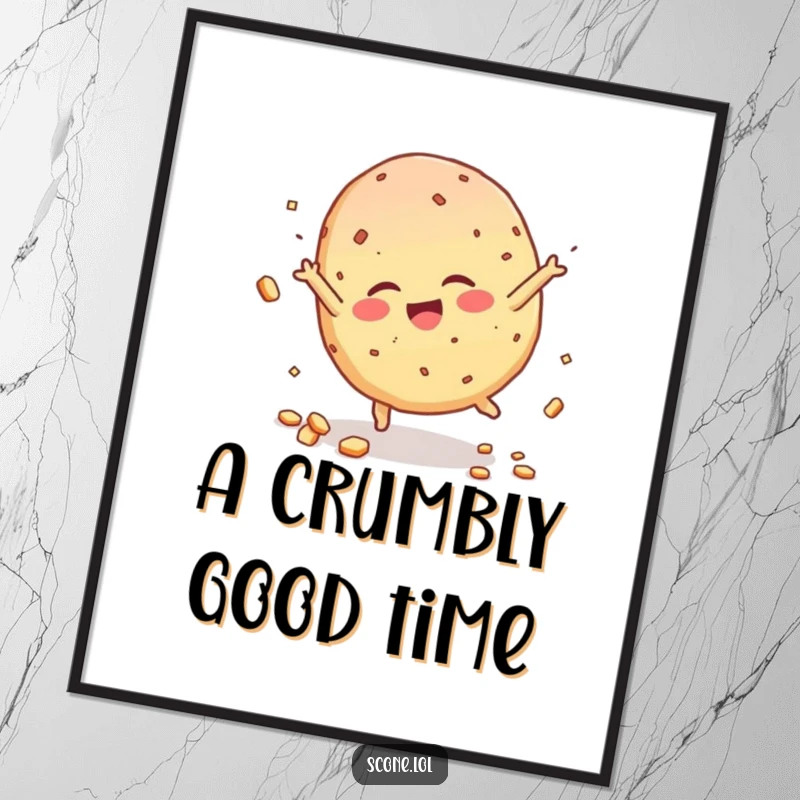 Funny Scone Character Digital Art, giggling mid-cartwheel, crumbs scattering playfully, a dynamic and cheerful artwork.
