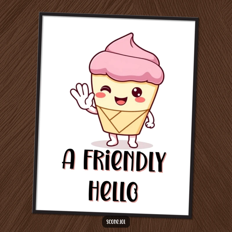 Funny Digital Art Print of a scone character giving a polite wave, perfect for adding a friendly and sweet touch to decor.
