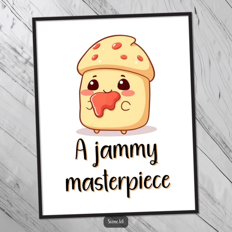 Funny digital art print of a scone character with jam splattered on its face, looking pleased and embodying sweet baked good fun.