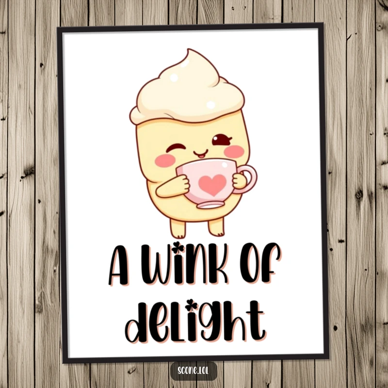 Funny Scone Character Digital Art, winking with a miniature teacup, a charming and humorous piece for your wall.