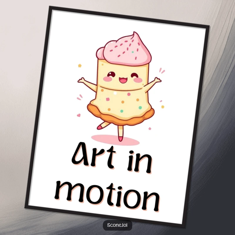 Funny digital art print of a scone in a whimsical pirouette with swirling jam, perfect for delightful and humorous decor.