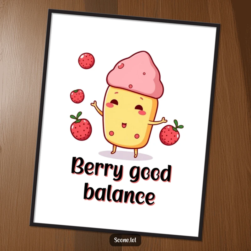 Funny Scone Character Digital Art, playfully juggling three small berries, a charming and whimsical piece for your wall.