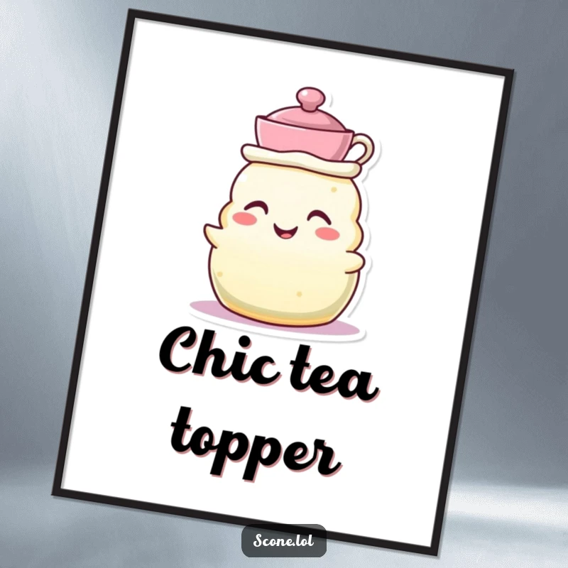 Funny digital art print of a scone character wearing a tiny teacup as a hat, grinning, evoking whimsical tea party fun.