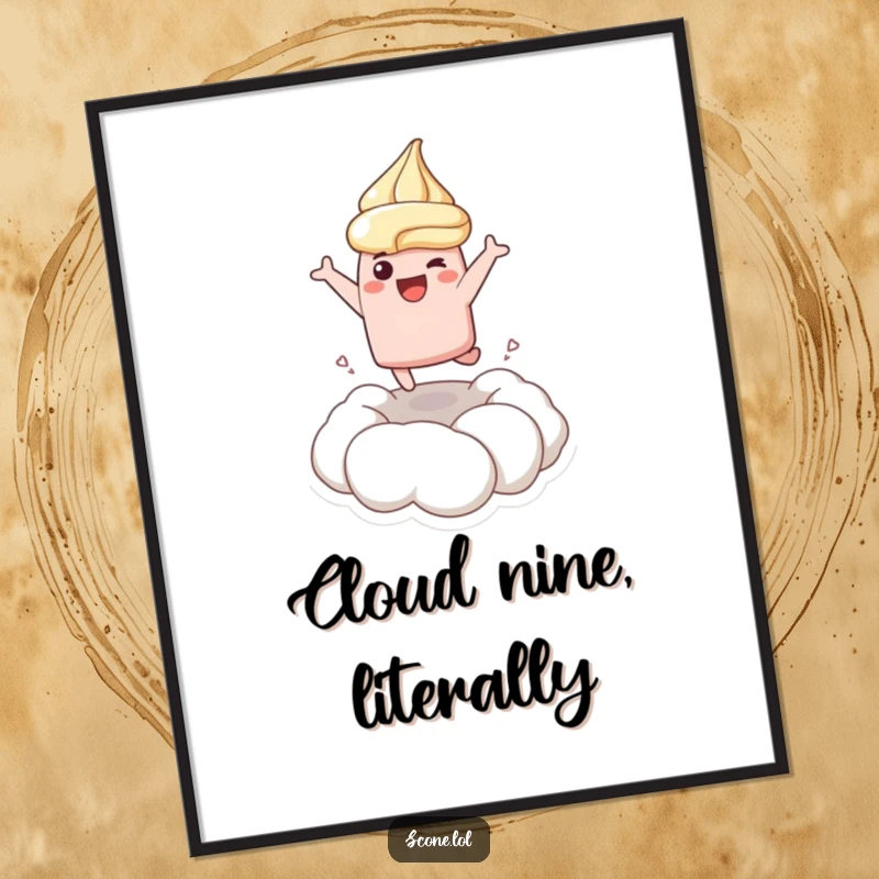 Funny digital art print of a scone character joyfully leaping into cream, offering a burst of cheerful, playful energy.