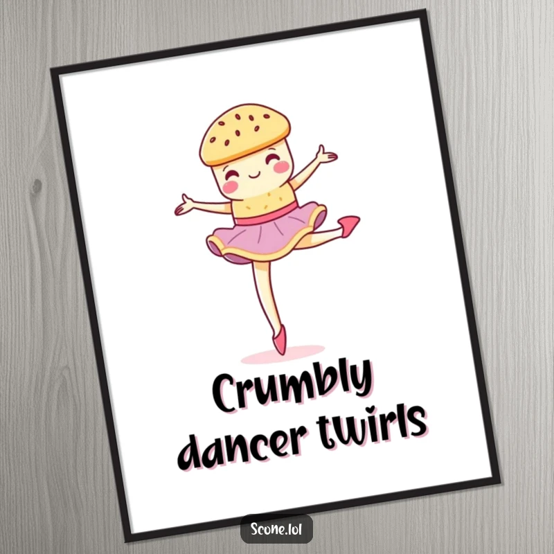 Funny scone performing a graceful, crumbly pirouette on a digital art print, celebrating dance and art.