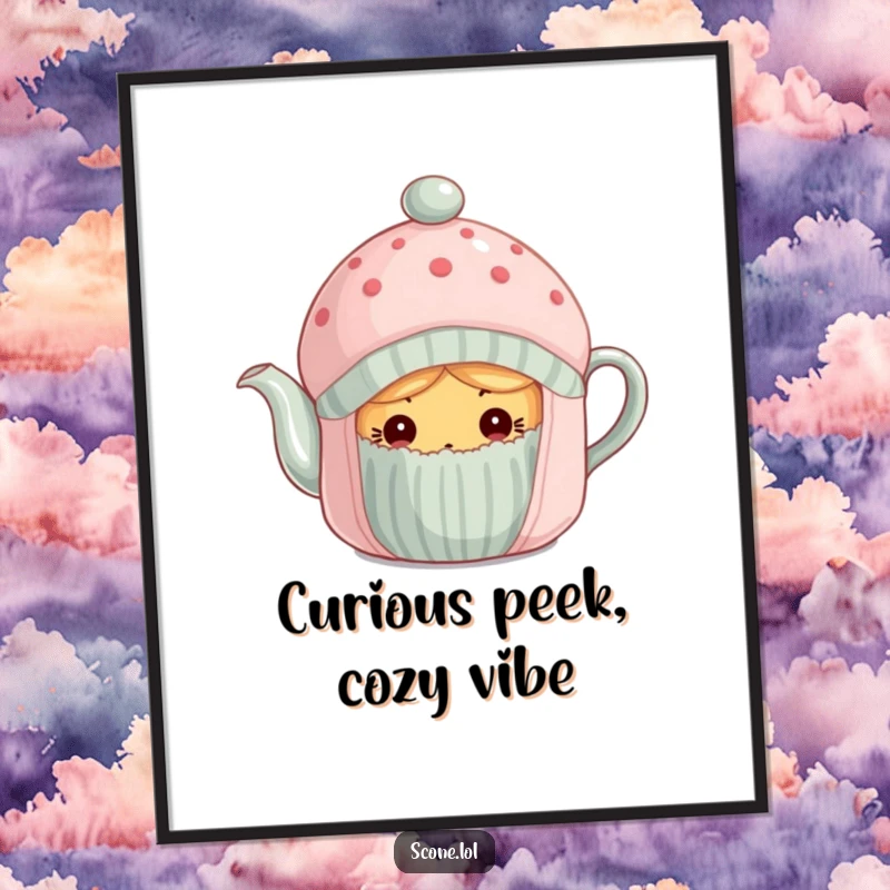 Funny scone curiously peeking from under a tea cozy on a digital art print, inviting curiosity.