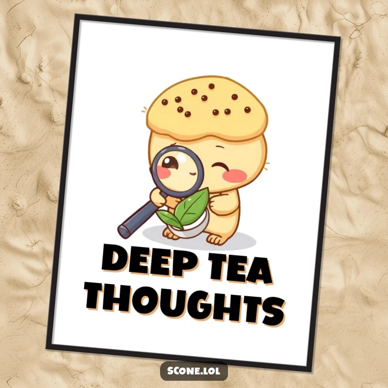 Funny digital art print of a scone investigating a tea leaf with a magnifying glass, perfect for witty decor.