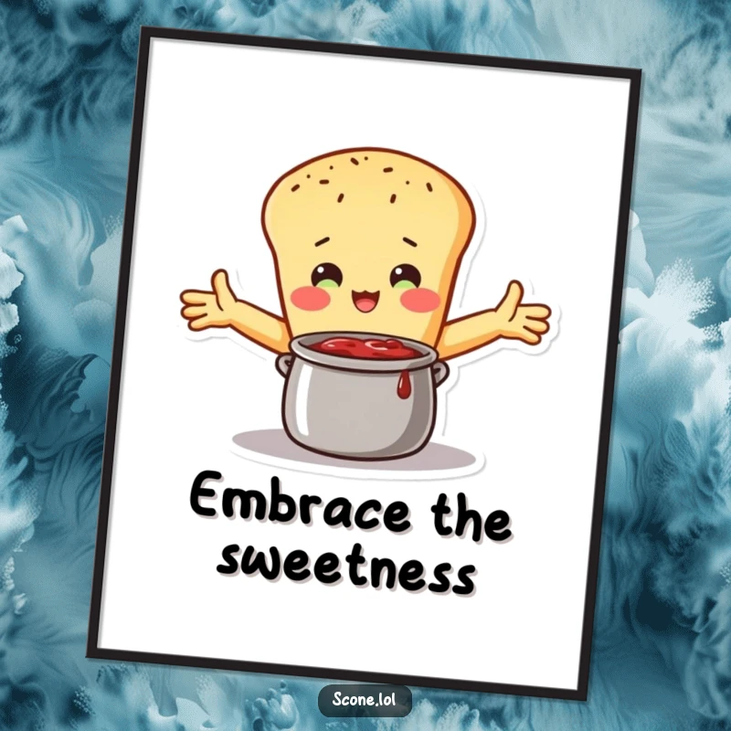 Funny Digital Art Print: A scone character embraces a pot of jam with open arms, a humorous and affectionate piece.