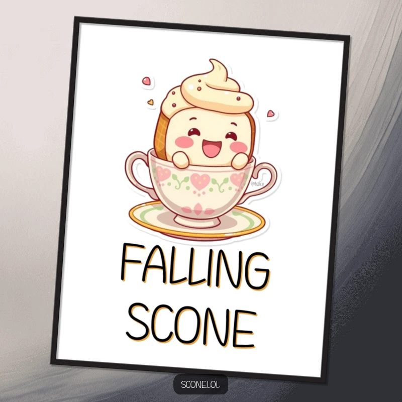 Funny, high-resolution digital art print of a smiling scone character hilariously falling off a teacup.