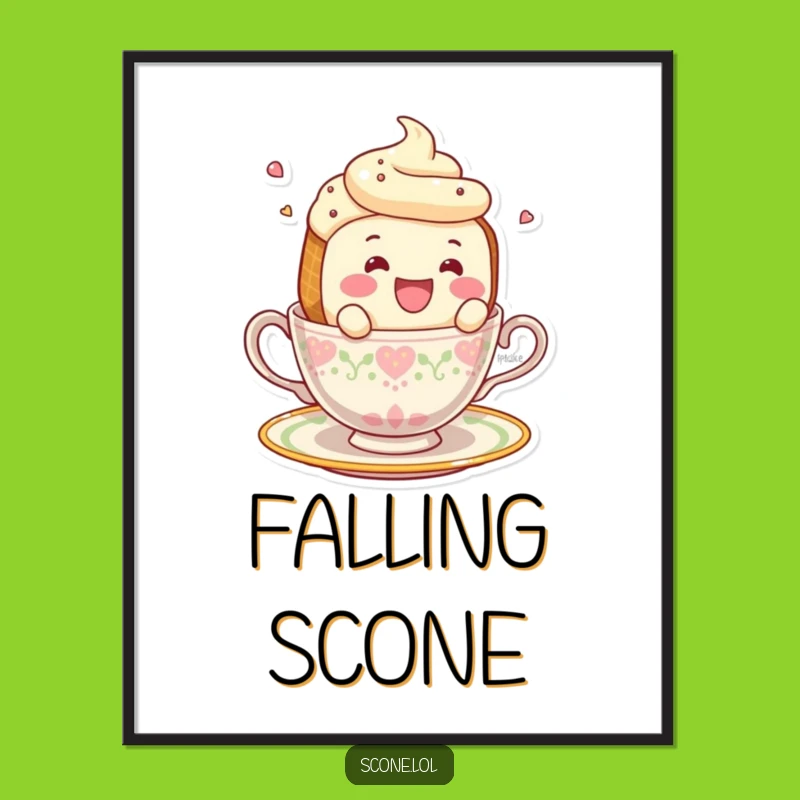 Funny Smiling Scone Falling Teacup Digital Art - Instant Whimsical Decor
