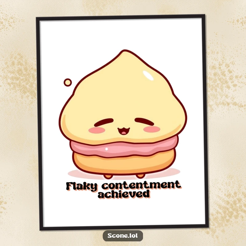 Funny Digital Art Print of a scone character expressing pure satisfaction with a contented sigh, ideal for home decor.
