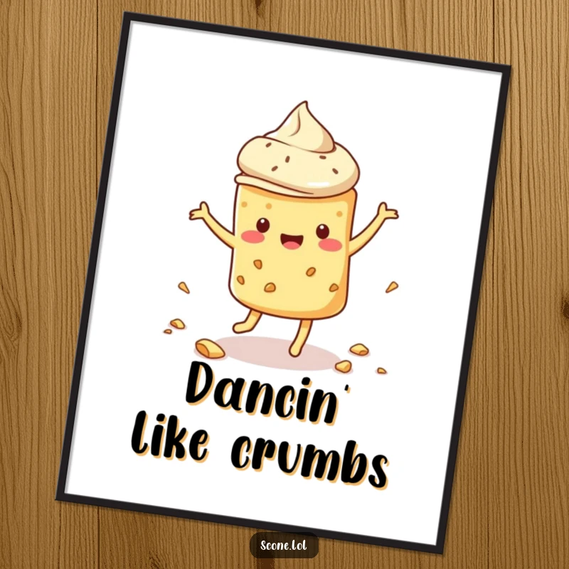 Funny scone digital art print of a scone dancing wildly and scattering crumbs, bringing energetic and humorous decor.