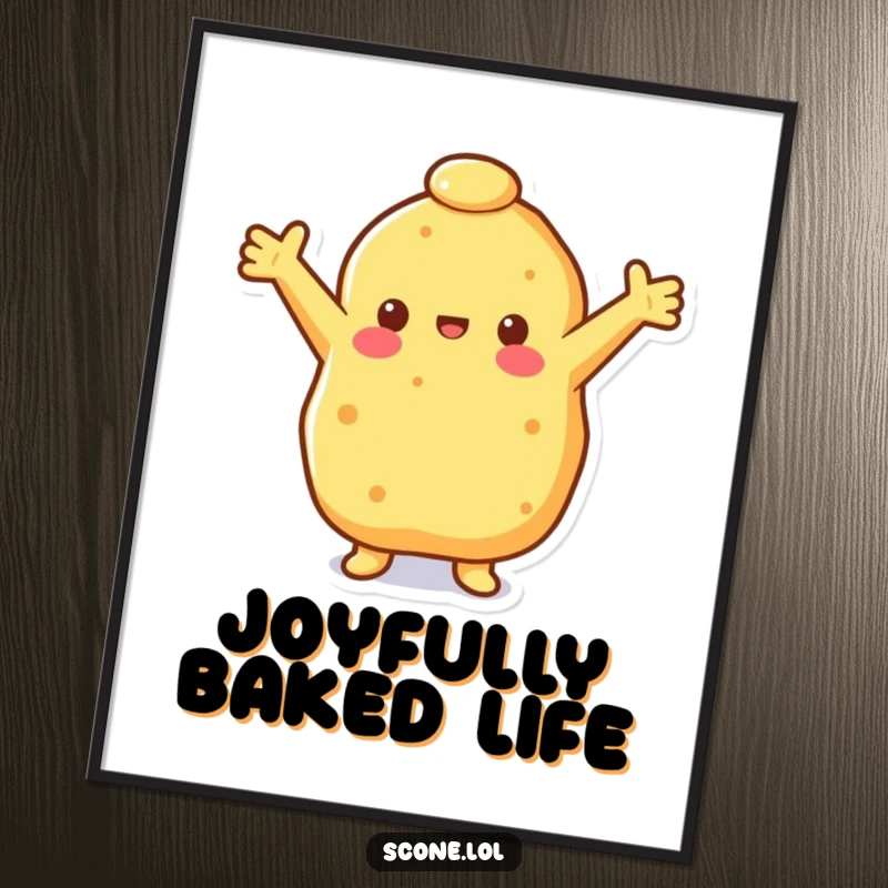 Funny happy scone digital art print of a scone with open arms, radiating joy and warmth, perfect for welcoming wall art.