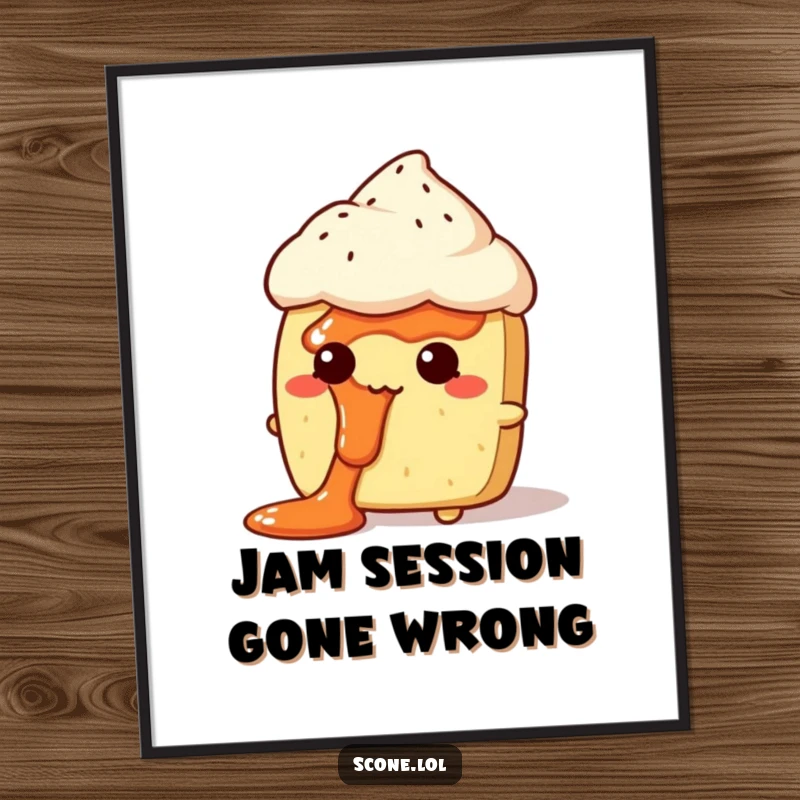 Funny Jam Face Scone Digital Art Print: A high-resolution image of a scone character looking comically bewildered with jam smeared across its face.