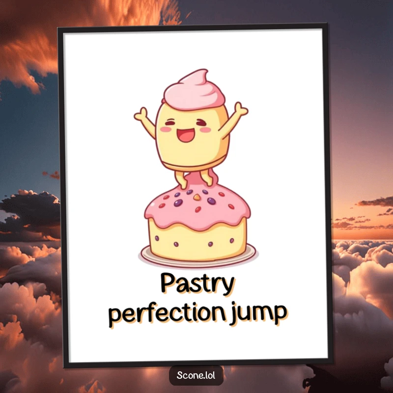 Funny digital art print of a scone character leaping joyfully onto a tiny teacake, embodying sweet treat celebration.