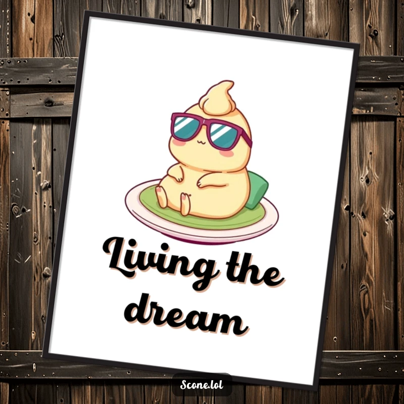 Funny Satay Digital Art: Humorous printable featuring a satay character in tiny sunglasses, lounging blissfully on a plate.