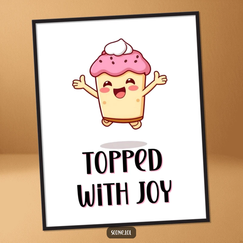 Funny scone character in a joyous leap, holding cream, available as a high-quality digital art print.