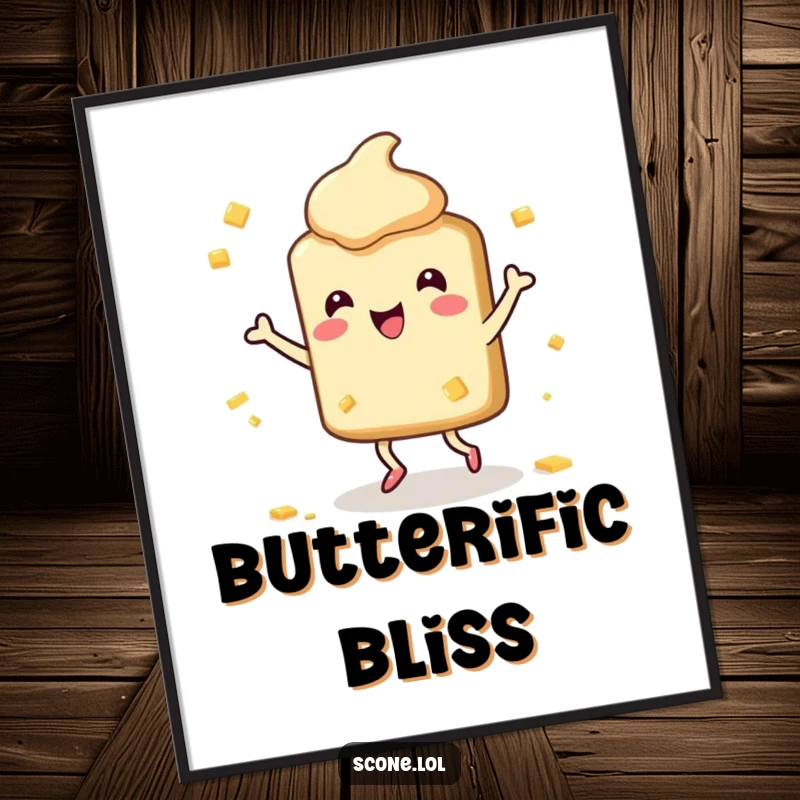 Funny Scone Digital Art: Humorous printable showing a happy scone character dancing enthusiastically amidst butter splatters.