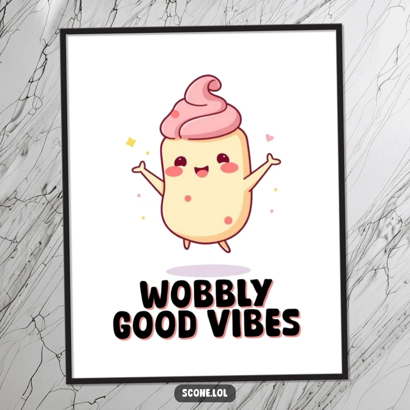 Funny scone character digital art print of a scone doing a wobbly, happy dance, radiating pure, uninhibited joy.