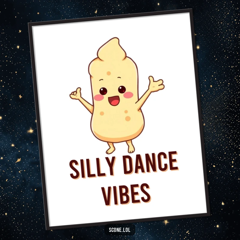 Funny digital art print of a scone character performing a silly dance, instantly downloadable humor for your walls.