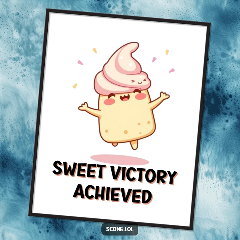 Funny Digital Art Print of a scone character in a joyful celebratory spin, perfect for adding a festive and humorous vibe to decor.