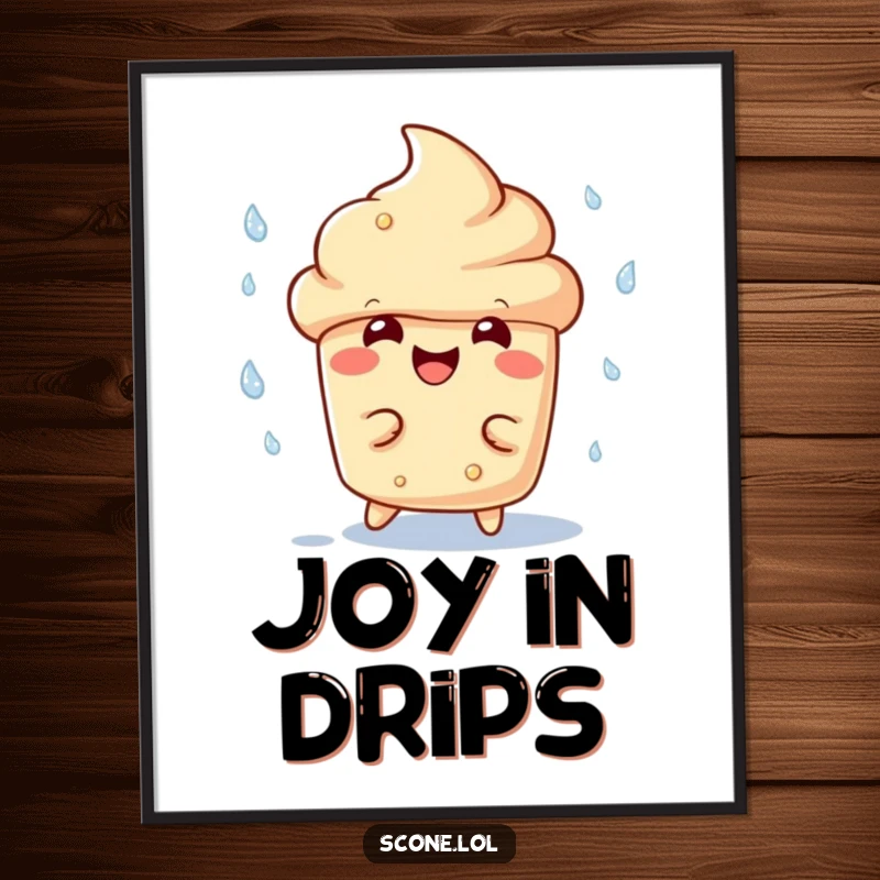 Funny scone character digital art print, with a wide, infectious grin, playfully dodging raindrops, a burst of pure, unadulterated fun.
