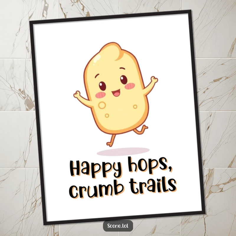 Funny scone with crumbly legs hopping cheerfully on a digital art print, conveying energy and happiness.