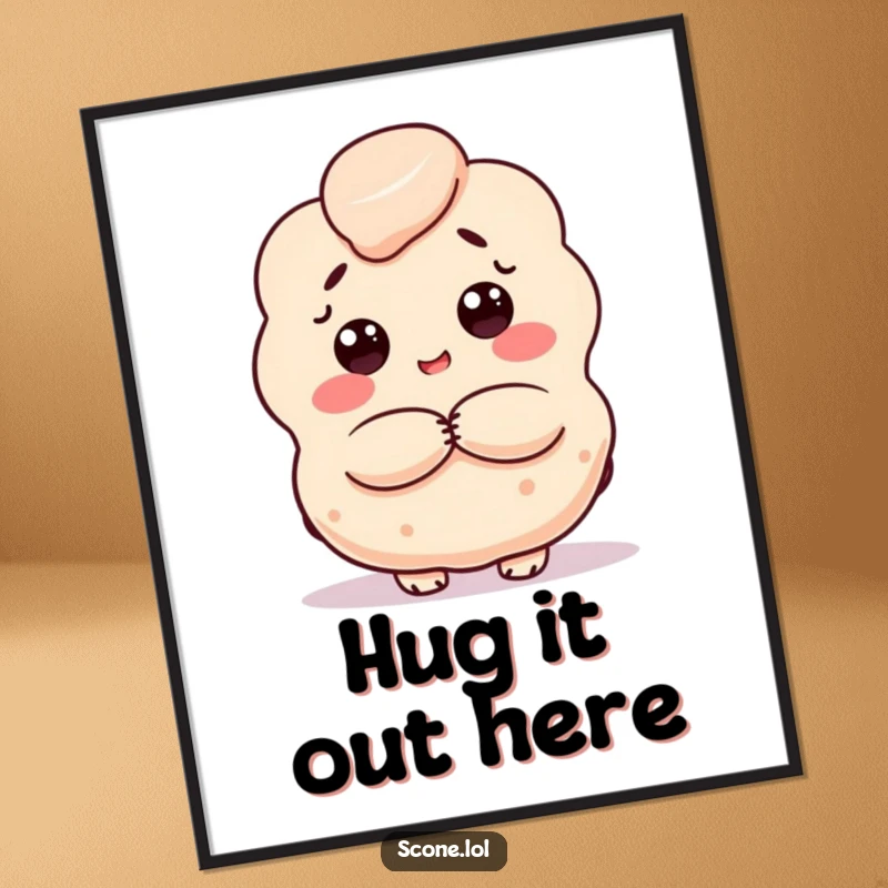 Funny scone digital art print, a baked good character giving a warm hug, perfect for bringing comfort and humor.