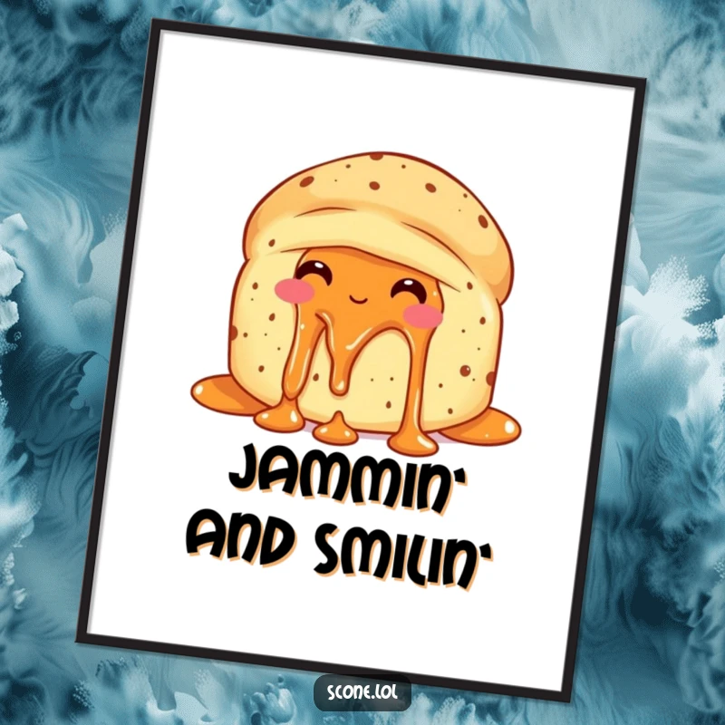 Funny scone with jam dripping, looking delighted with itself on a digital art print, celebrating sweetness.