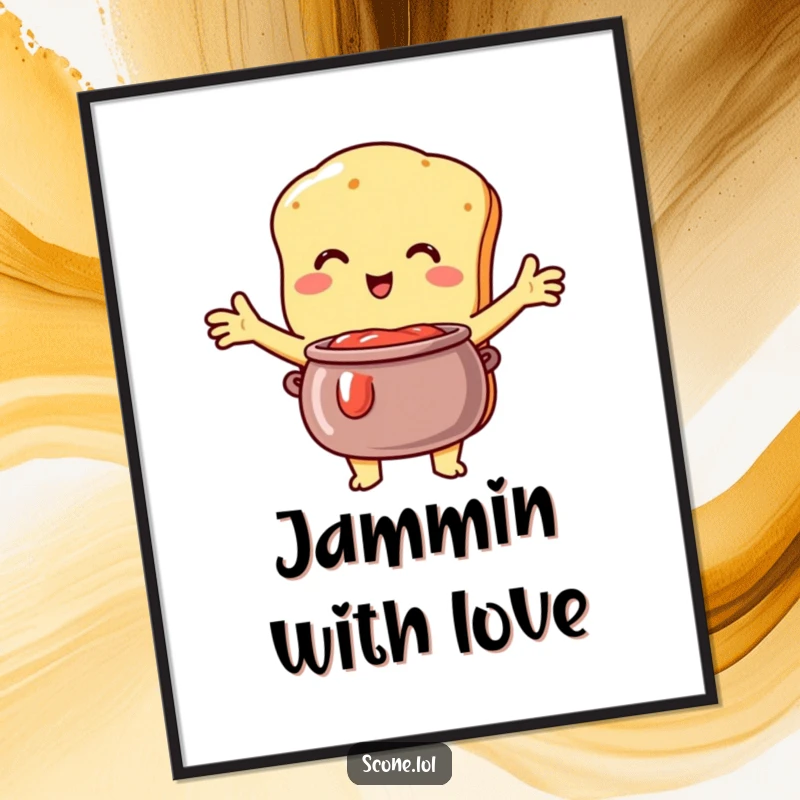 Funny Scone Digital Art: Humorous printable showing a scone character with open arms, lovingly embracing a pot of jam.